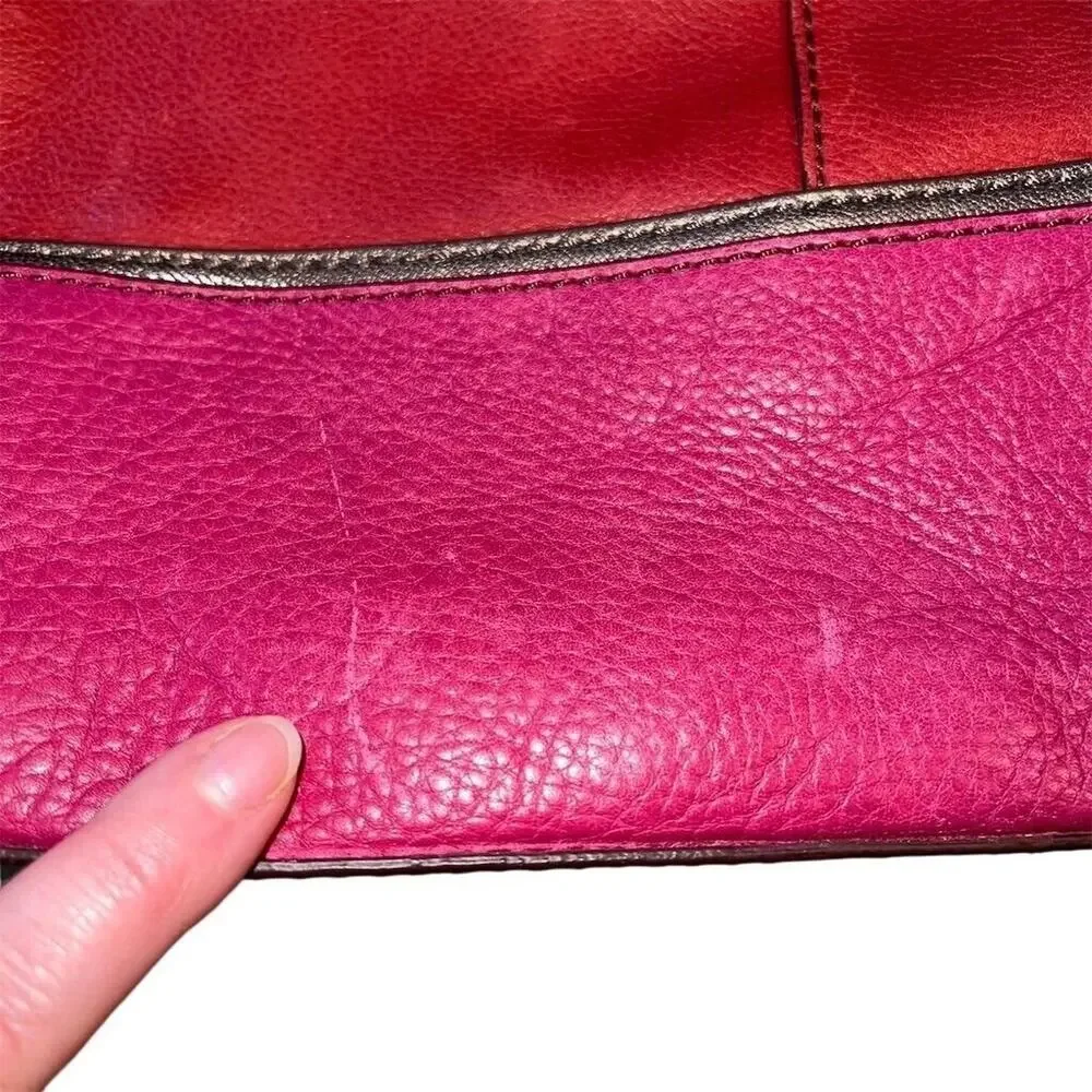 Fossil Hunter Leather Tote Bag Pink Red Zip Closure Key Charm Silver Hardware